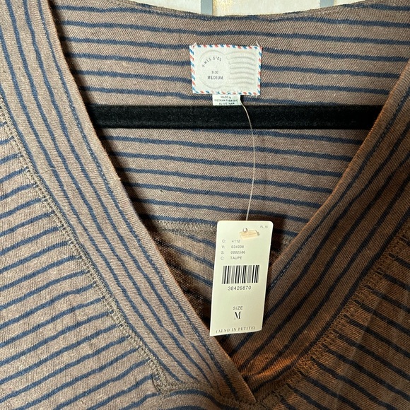 NWT Anthropologie Postmark Striped V-Neck Taupe and Navy Top - Picture 2 of 5